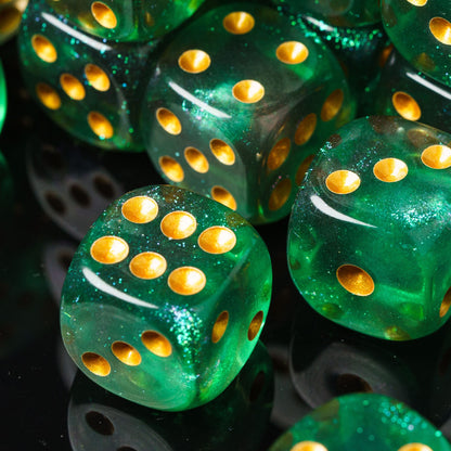 16mm D6 | Glitter Green with Gold Pips | Glitter Dice | 12 Pack