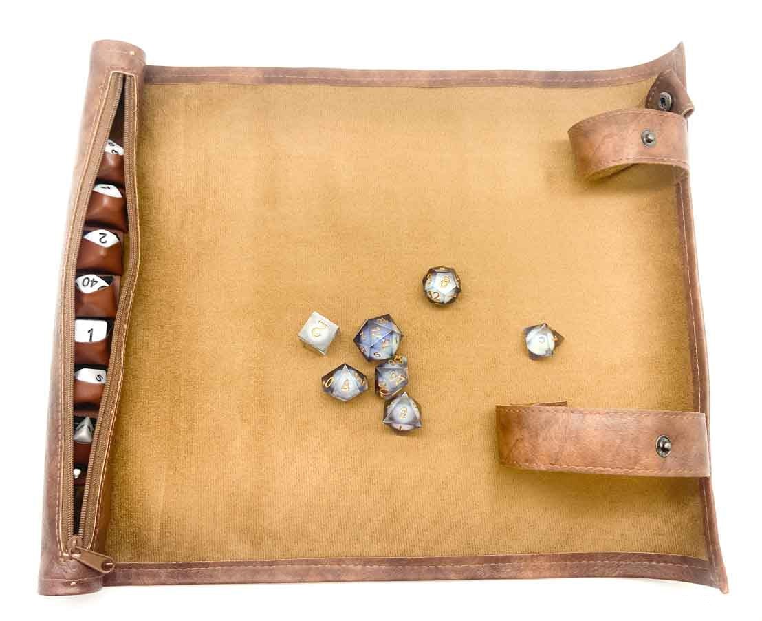 Brown Faux Leather | Scroll | Dice Storage & Dice Mat