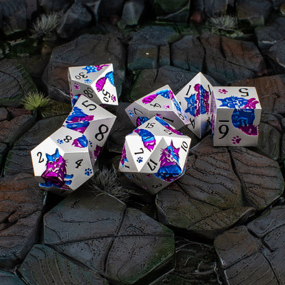 Goddammit Donut! – 7 Piece Metal DND Dice Set | Pearl Silver, Purple & Blue