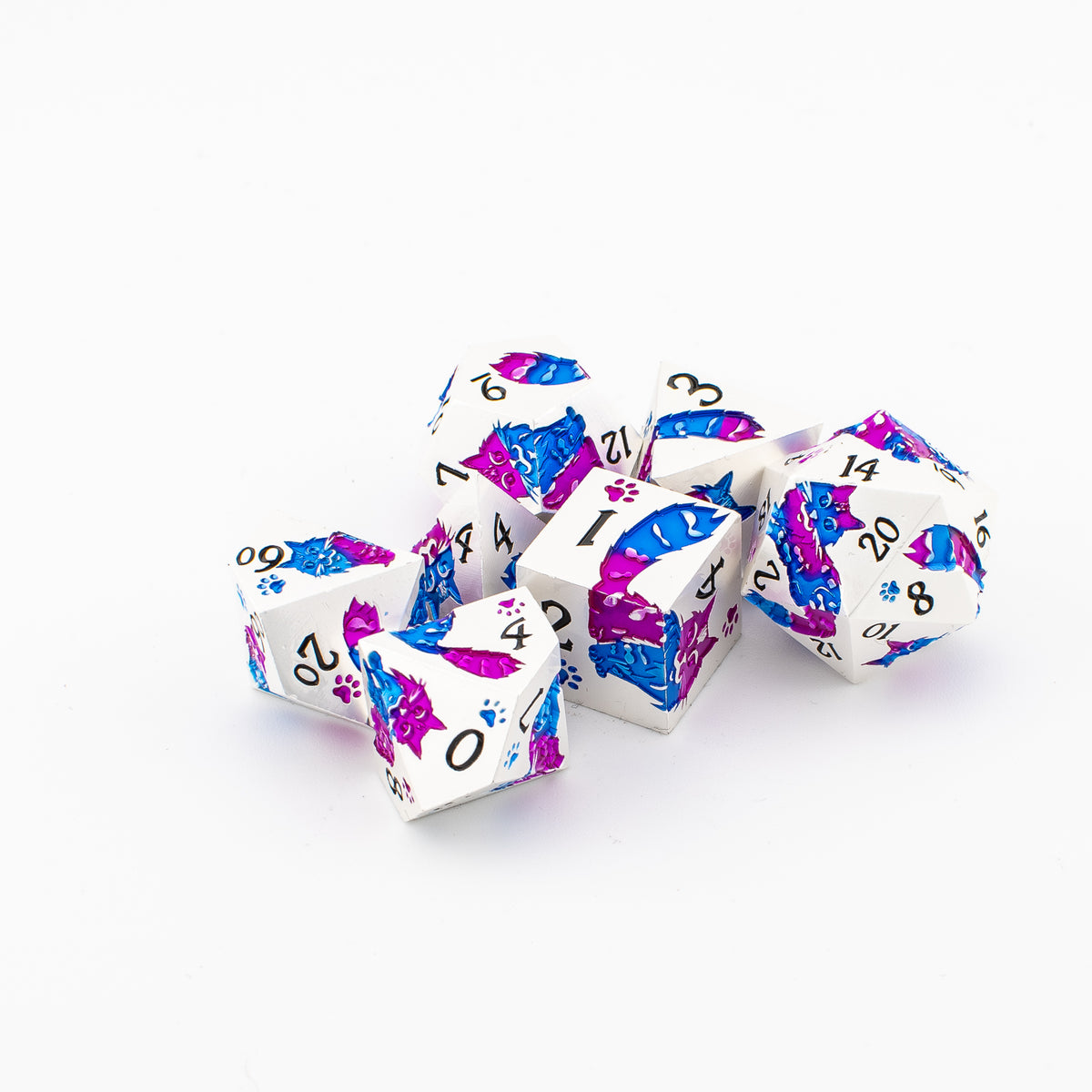 Goddammit Donut! – 7 Piece Metal DND Dice Set | Pearl Silver, Purple & Blue
