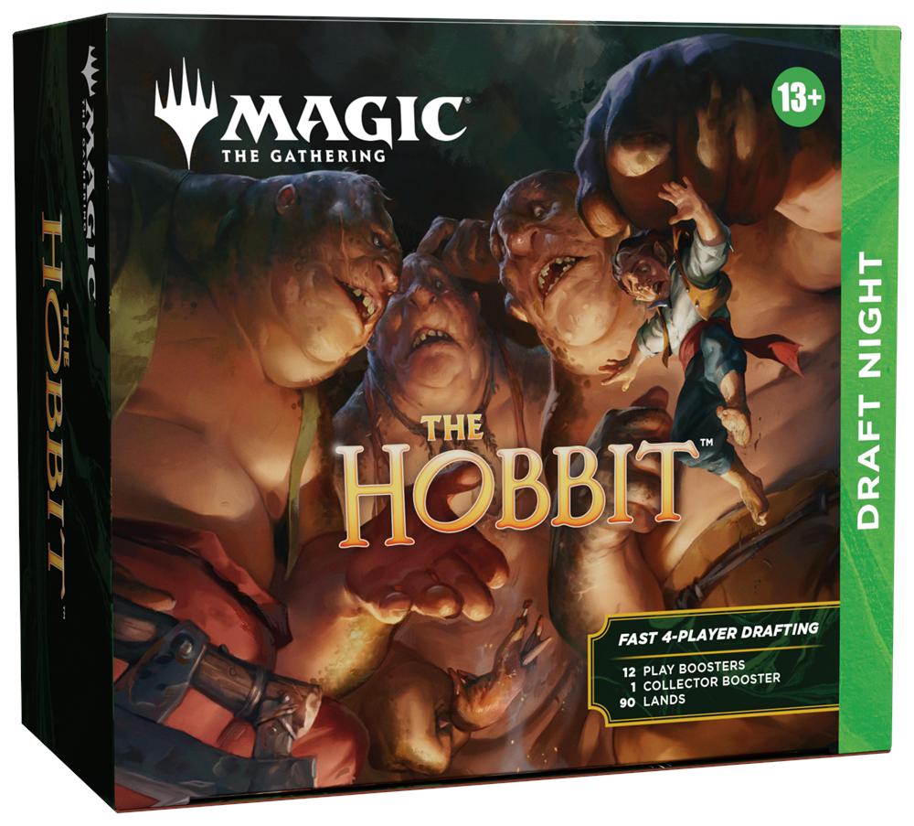 Magic: The Gathering The Hobbit Draft Night Box featuring themed artwork and branding for the special edition release, showcasing the contents and packaging design.