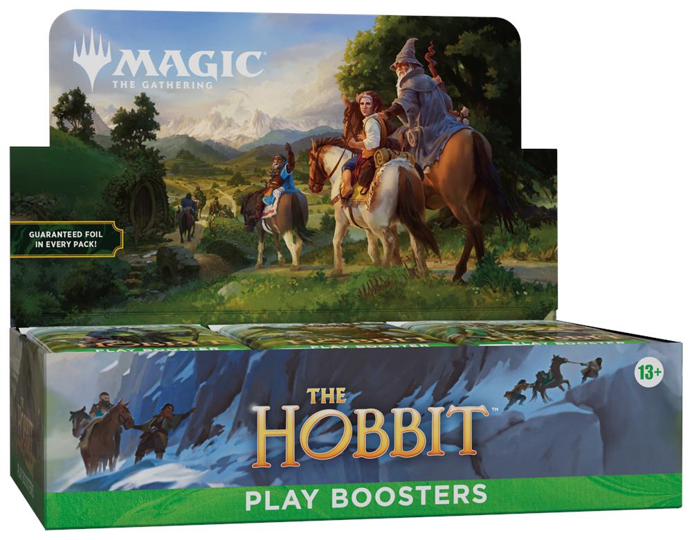 Magic: The Gathering The Hobbit Play Booster Box featuring themed Lord of the Rings artwork and branded packaging for the special edition release.