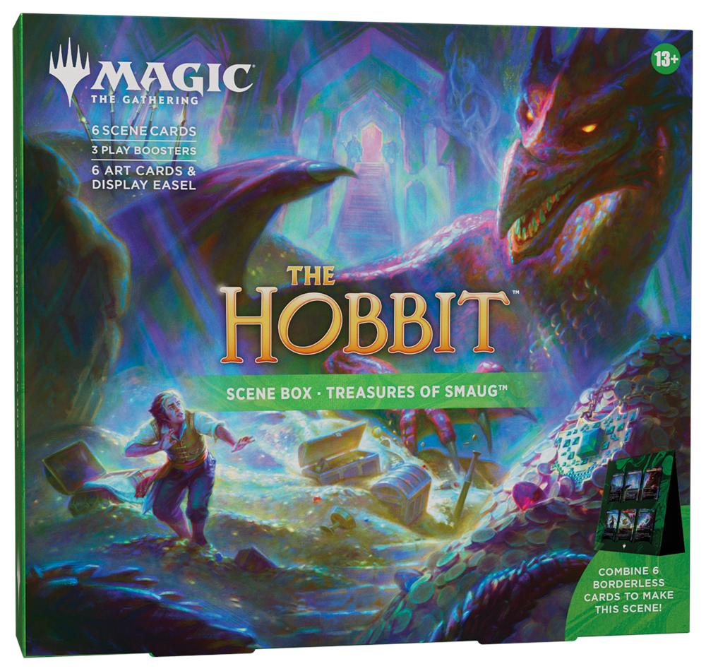 Magic: The Gathering The Hobbit “Treasures of Smaug” Scene Box featuring premium artwork and product contents displayed on the packaging for the special edition release.