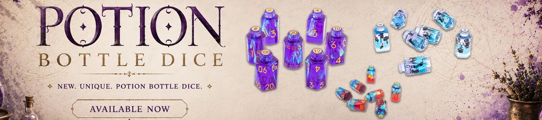 Banner depecting potion bottle shaped dice mae from resin, with unqiue designs