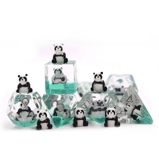 Playful Pandas | Resin Inclusion Dice | 7 Piece Set