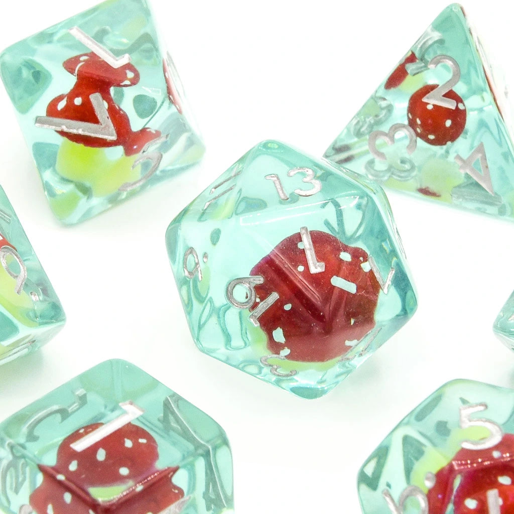 Red Mushies | Resin Inclusion Dice | 7 Piece Set