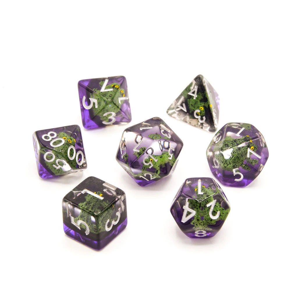 Green Frogs | Resin Inclusion Dice | 7 Piece Set