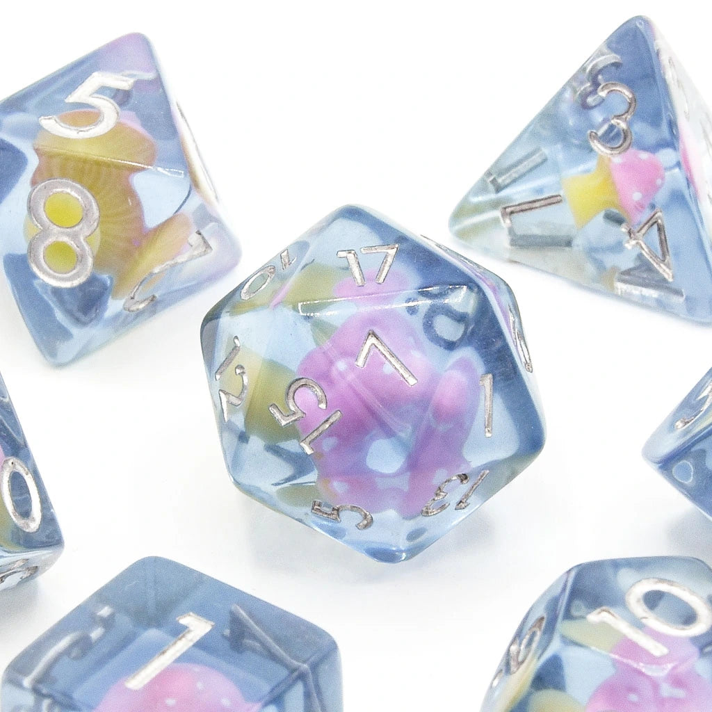 Pink Mushies | Resin Inclusion Dice | 7 Piece Set