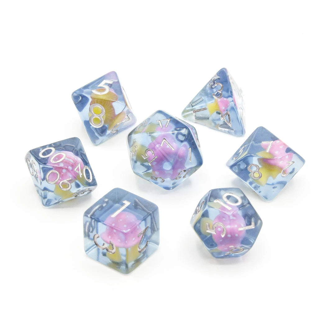 Pink Mushies | Resin Inclusion Dice | 7 Piece Set