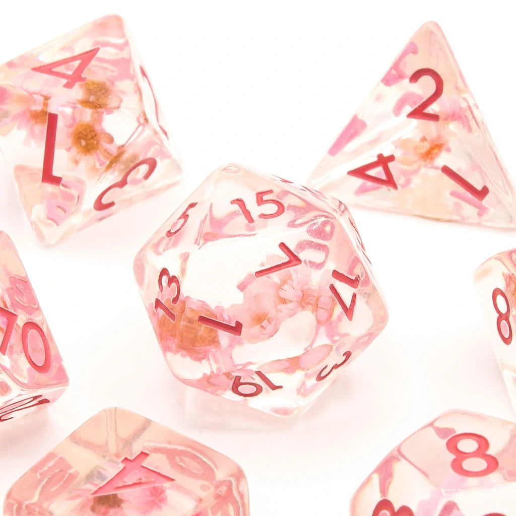 Cherry Blossoms | Resin Inclusion Dice | 7 Piece Set