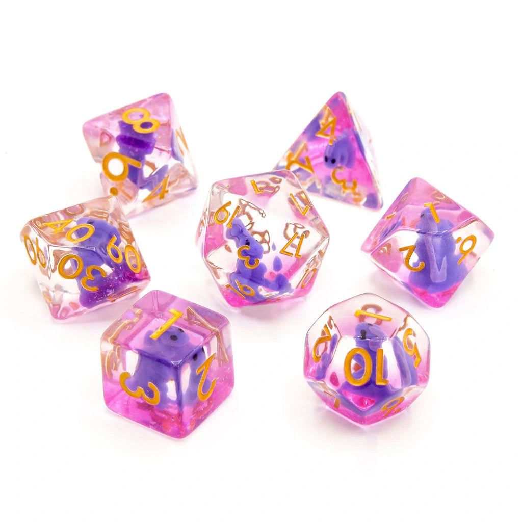 Purple T-Rex | Resin Inclusion Dice | 7 Piece Set