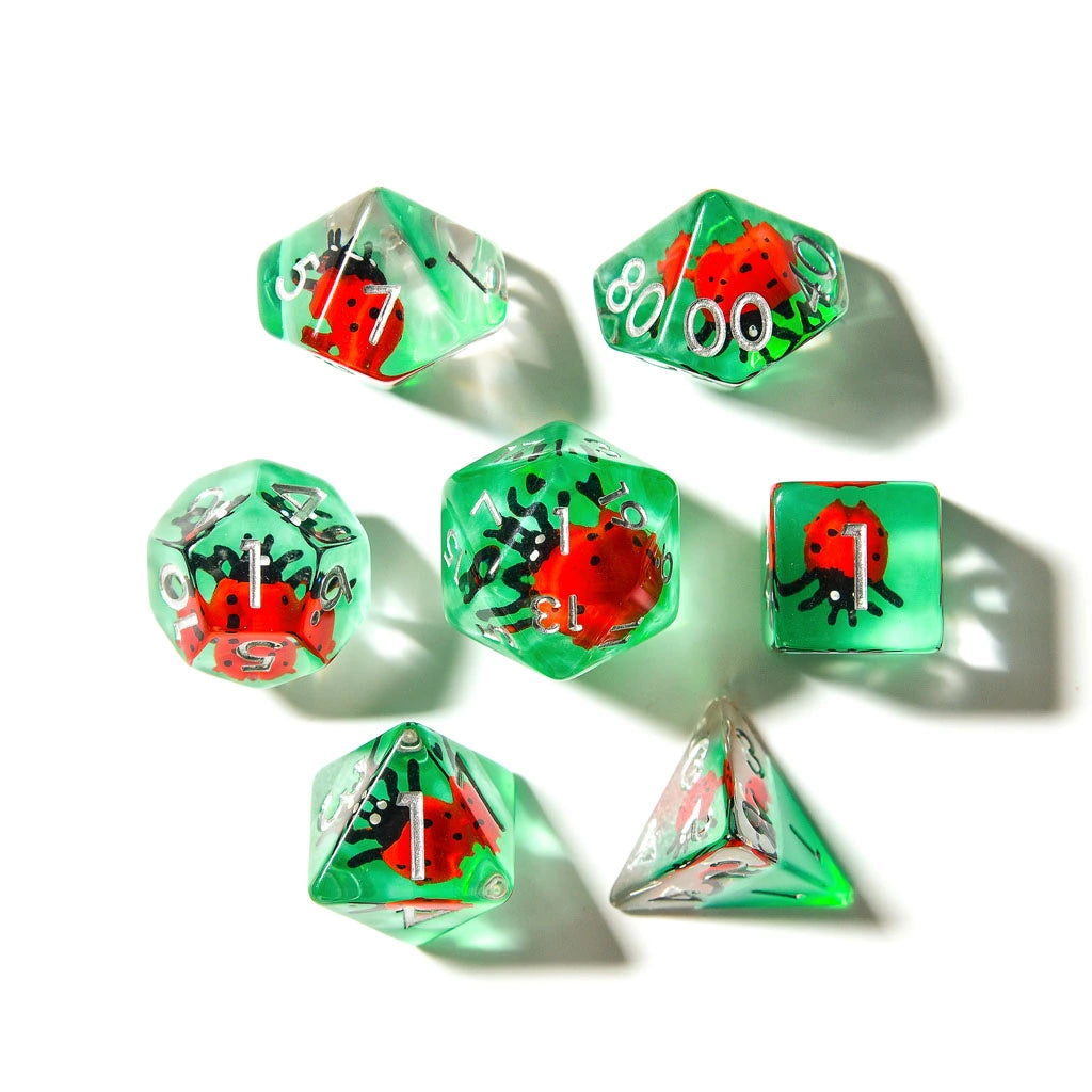 Red Ladybugs | Resin Inclusion Dice | 7 Piece Set