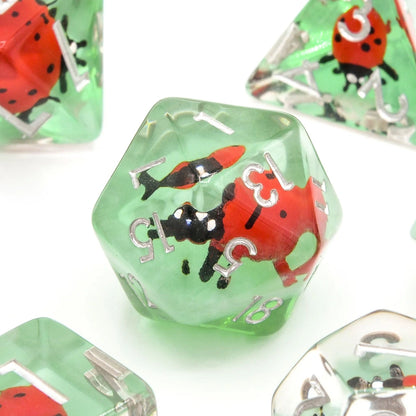 Red Ladybugs | Resin Inclusion Dice | 7 Piece Set