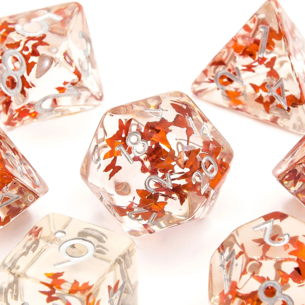 Orange Butterfly | Resin Inclusion Dice | 7 Piece Set