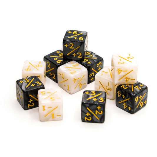 Plus & Minus | Marbled Black & White | D6 Dice | 12 Pack