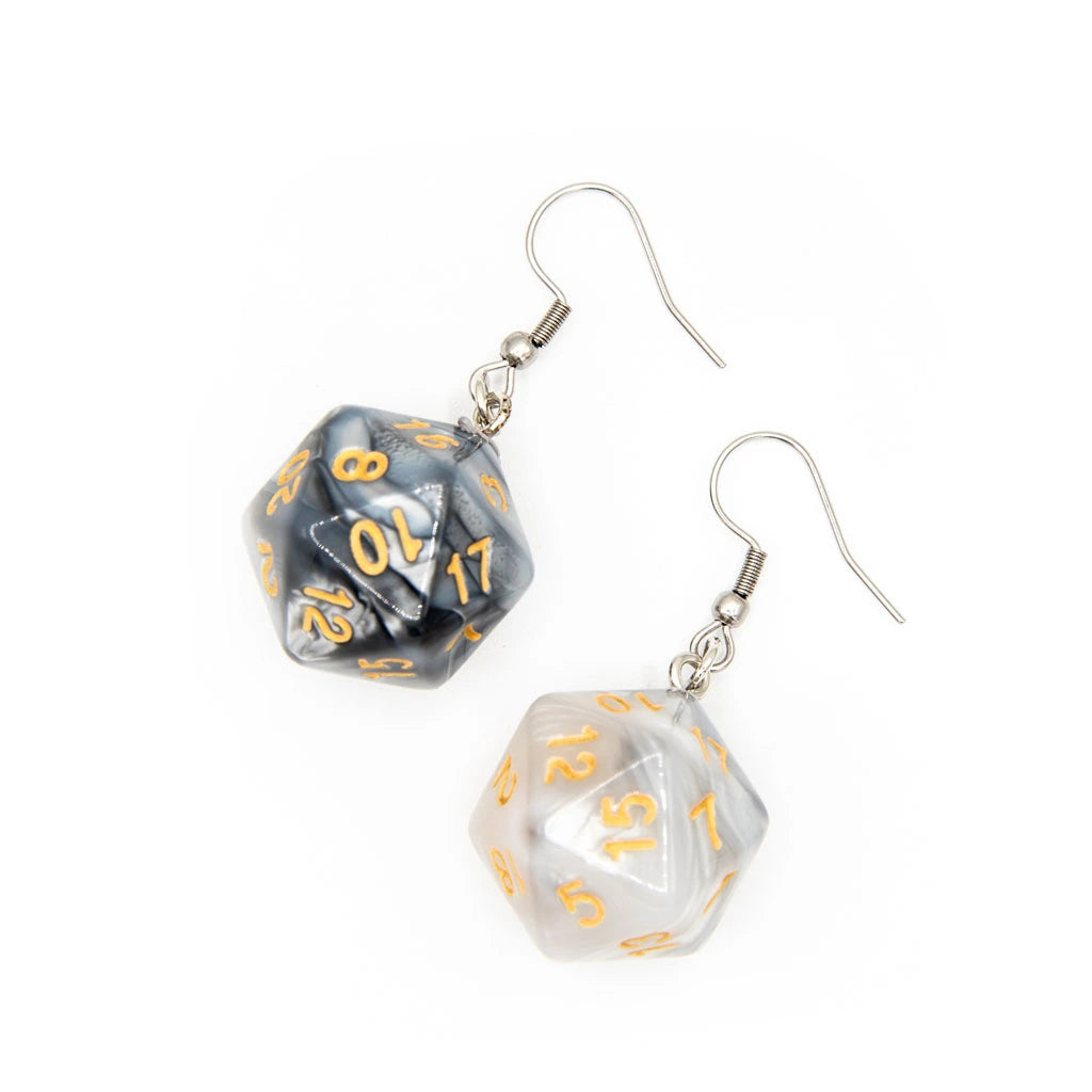 D20 Earrings | Grey & White Swirl