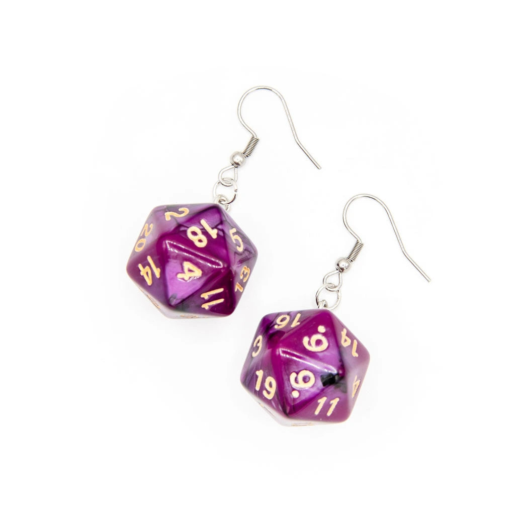 D20 Earrings | Purple & Black Swirl