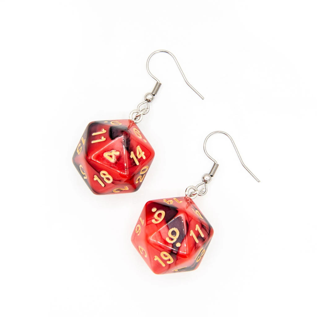 D20 Earrings | Red & Black Swirl