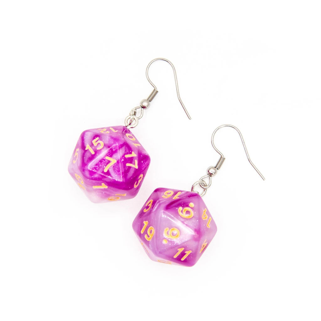 D20 Earrings | Pink & White Swirl