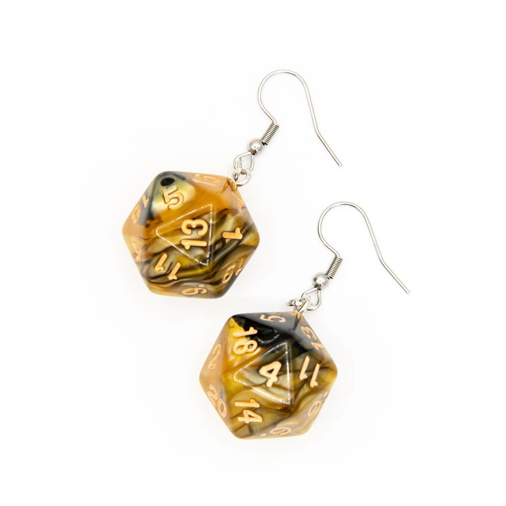 D20 Earrings | Brown & Yellow Swirl