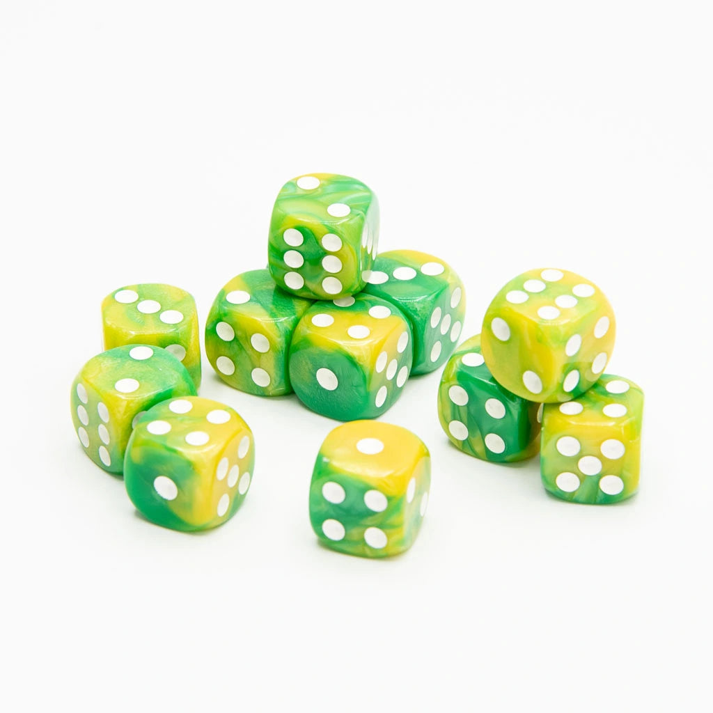 16mm D6 | Iridescent Yellow & Green | Round Edge | 12 Pack