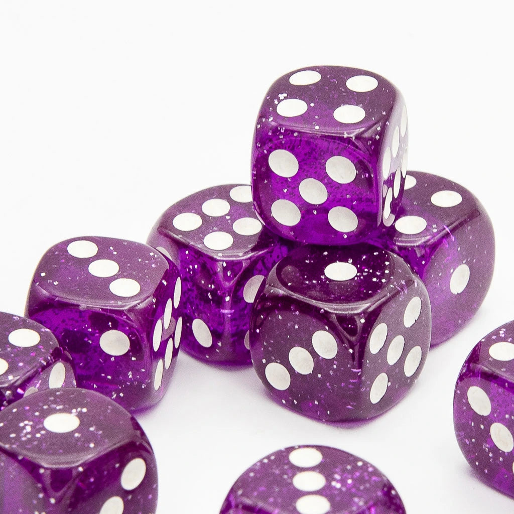 16mm D6 | Transparent Glint Purple | Round Edge | 12 Pack