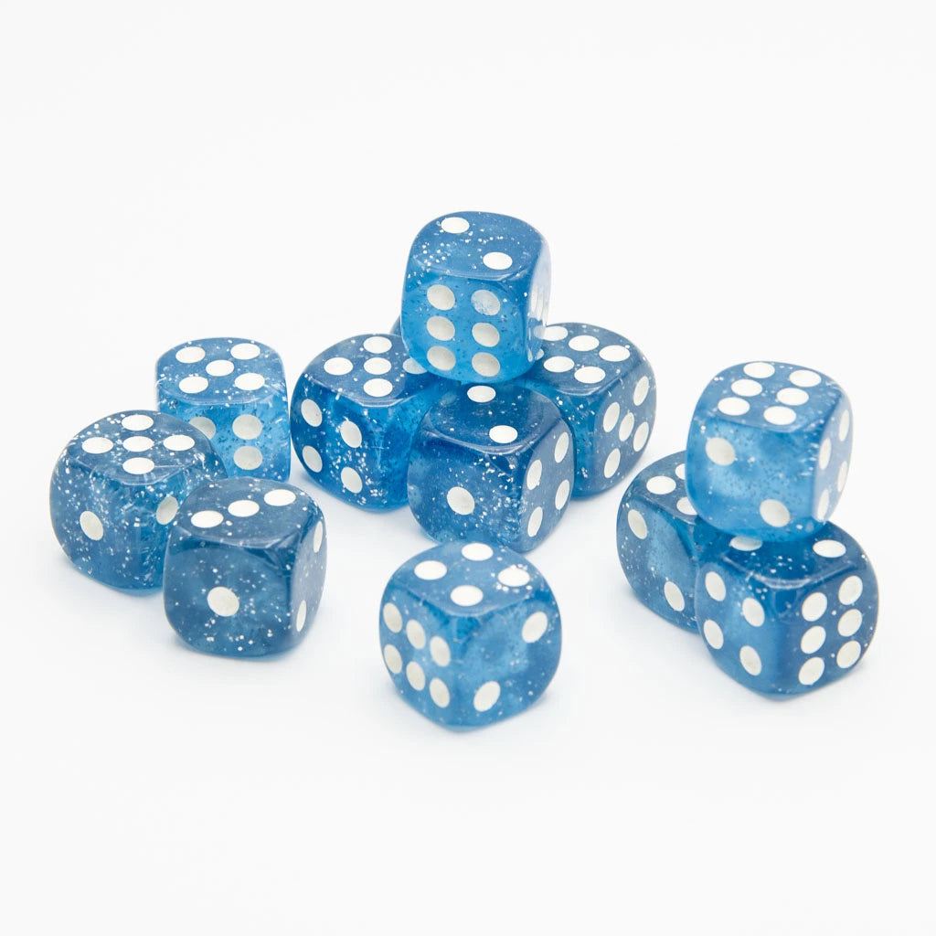 16mm D6 | Transparent Glint Blue | Round Edge | 12 Pack