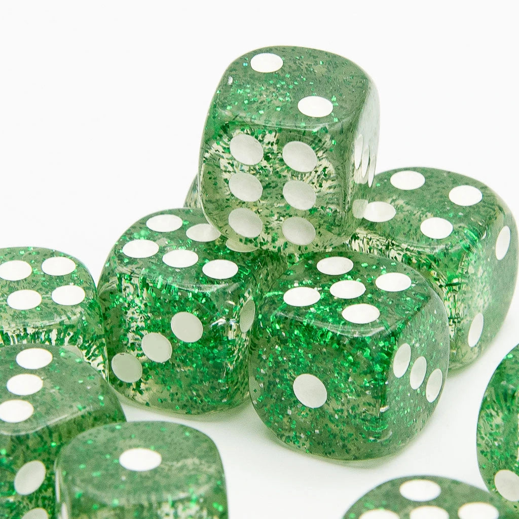 16mm D6 | Transparent Glint Light Green | Round Edge | 12 Pack