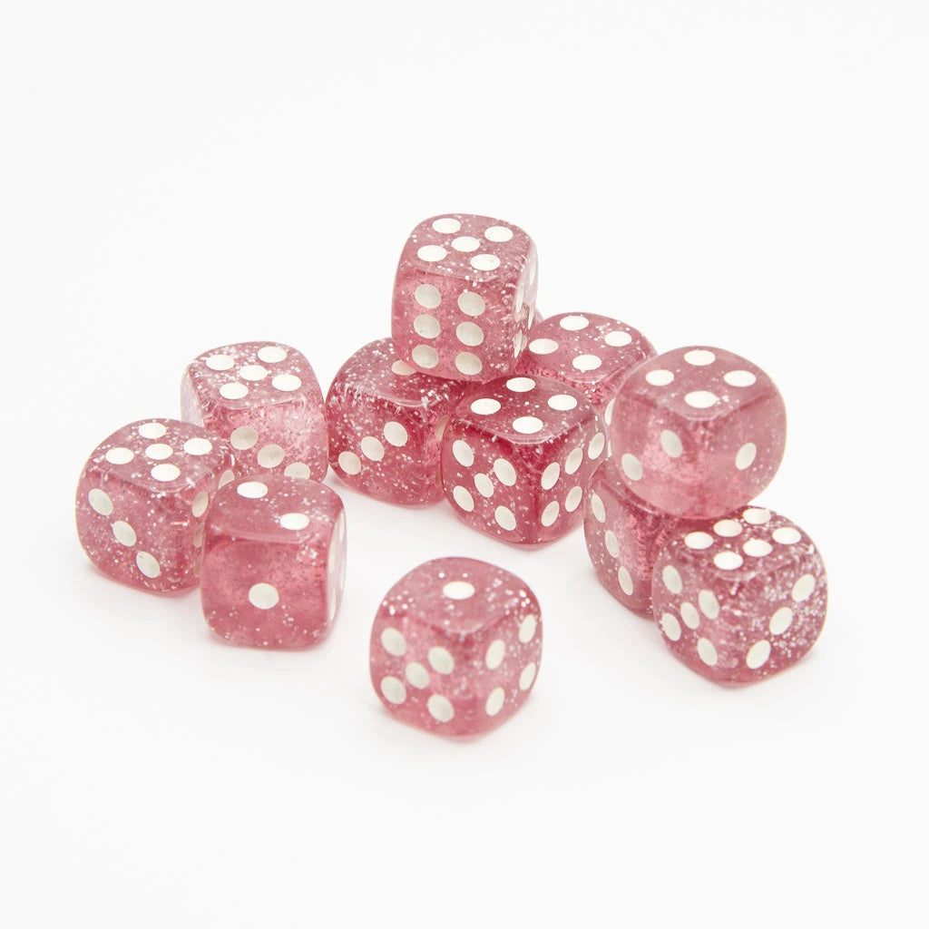 16mm D6 | Transparent Glint Light Red | Round Edge | 12 Pack