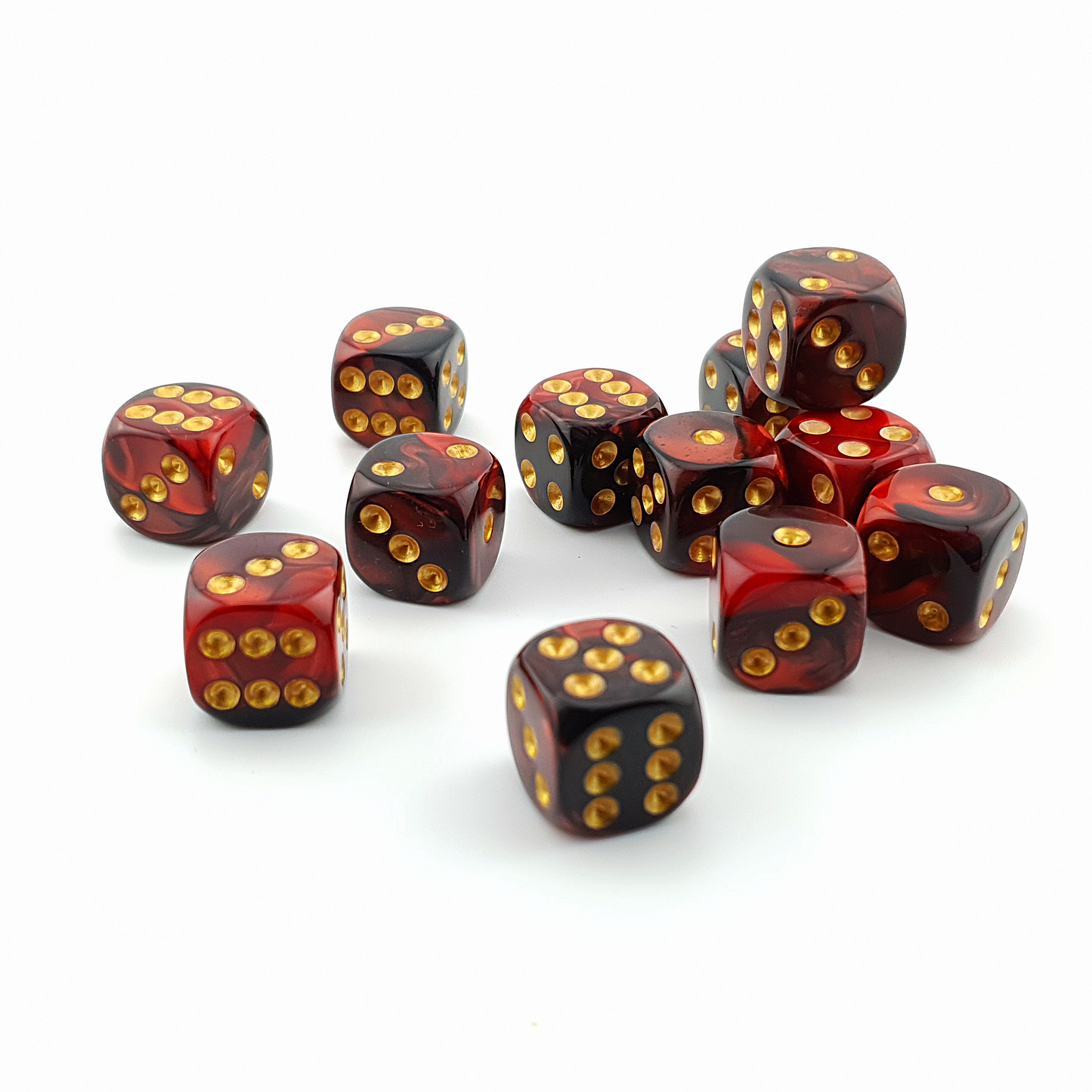 16mm D6 | Iridescent Red & Black | Round Edge | 12 Pack | Gold Pips