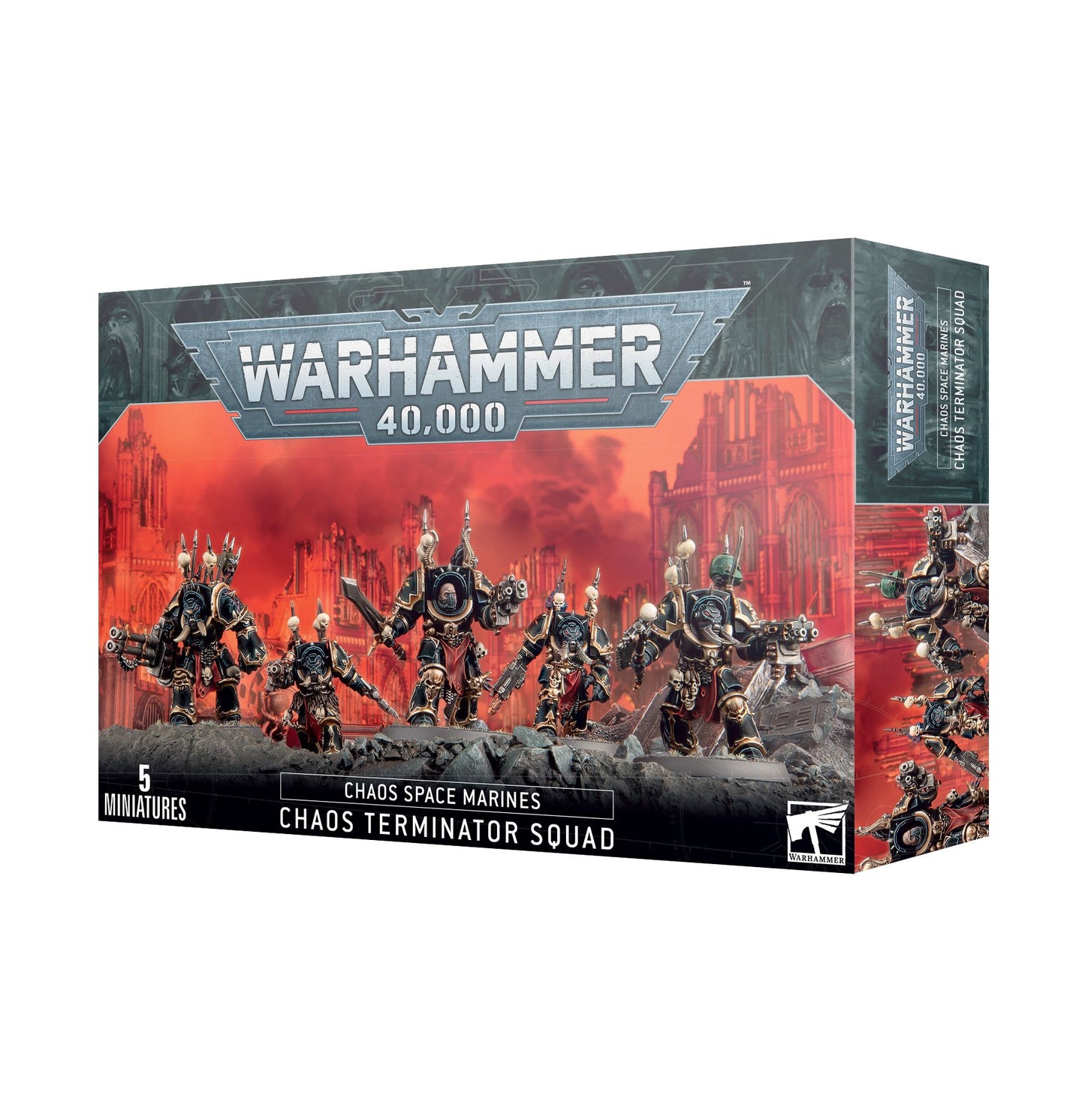 Warhammer 40,000 Chaos Terminator Squad box showing five Chaos Space Marine miniatures.