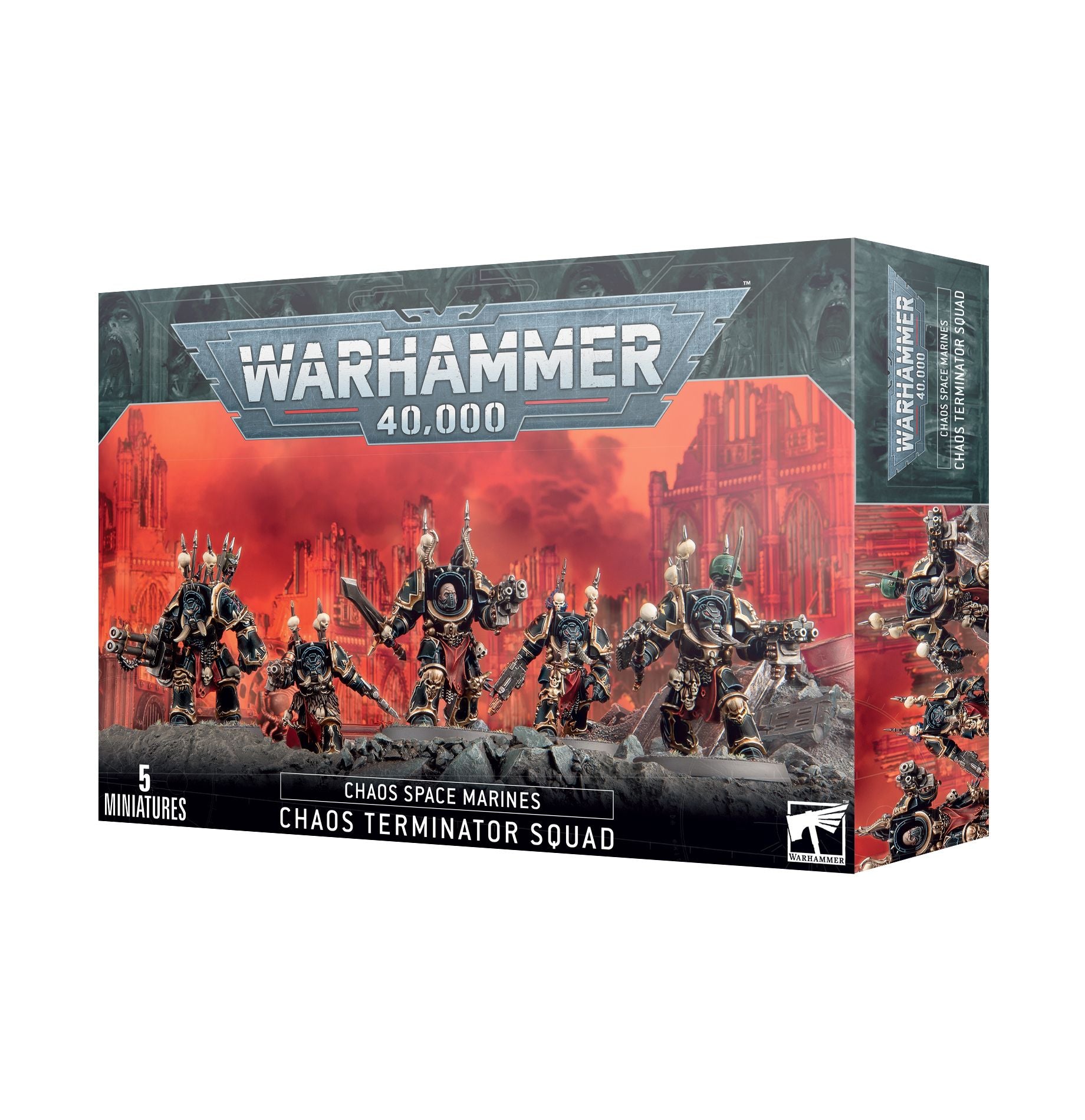 Warhammer 40,000 Chaos Terminator Squad box showing five Chaos Space Marine miniatures.