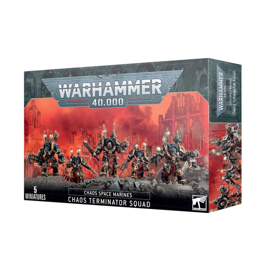 Warhammer 40,000 Chaos Terminator Squad box showing five Chaos Space Marine miniatures.