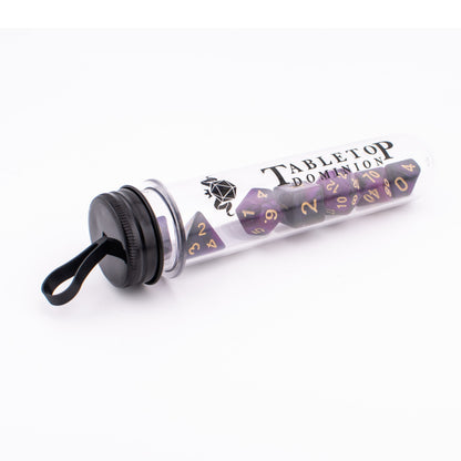 Twilight Shroud acrylic dice set displayed inside a Tabletop Dominion dice tube.