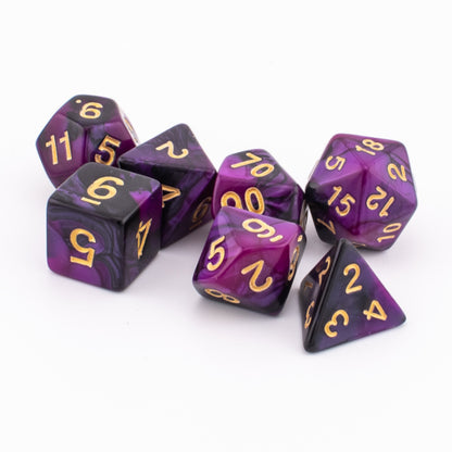 Clustered Twilight Shroud acrylic dice with purple and black marbled swirls.