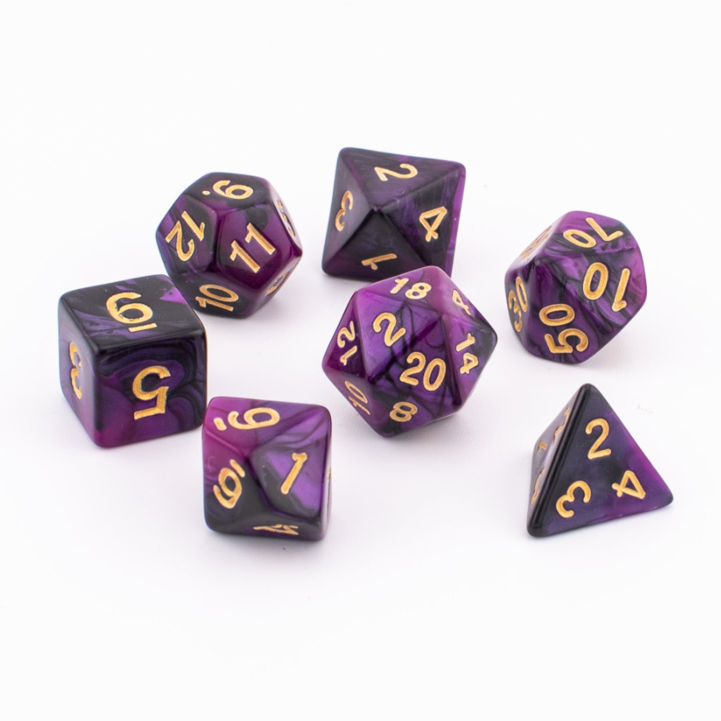 Twilight Shroud acrylic dice arranged on a white background in purple and black tones.