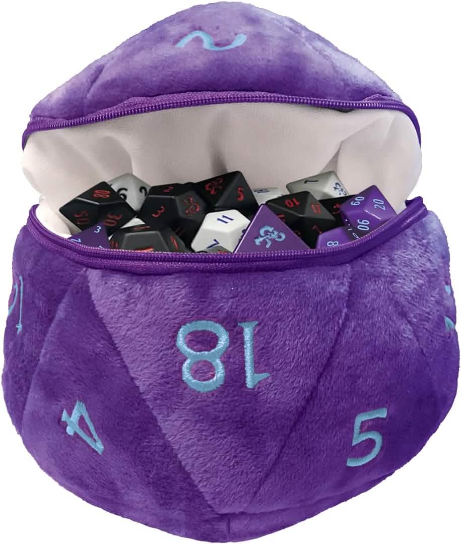 Dungeons & Dragons: D20 Plush Dice Bag – Phandelver Campaign – Royal Purple / Sky Blue – close-up view – tabletop gaming...