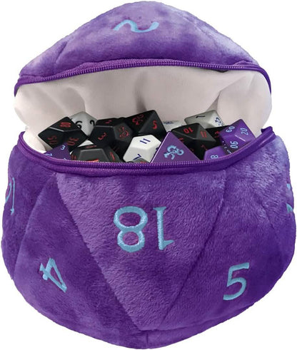 Dungeons & Dragons: D20 Plush Dice Bag – Phandelver Campaign – Royal Purple / Sky Blue – close-up view – tabletop gaming...