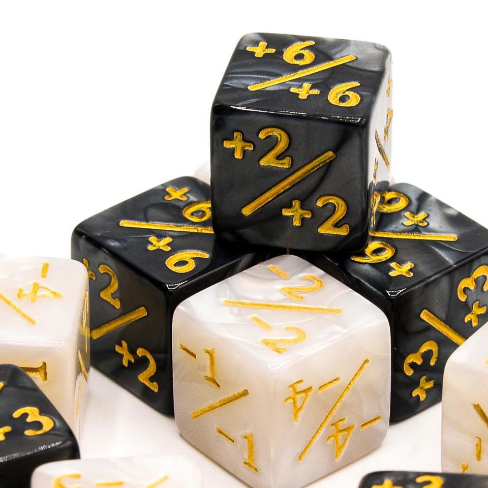 Plus & Minus | Marbled Black & White | D6 Dice | 12 Pack