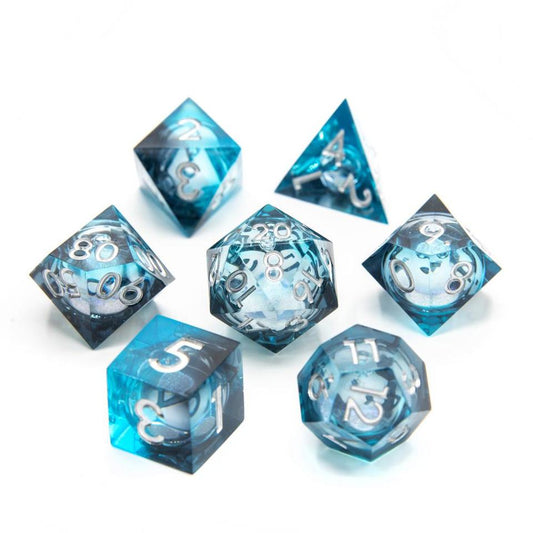 Unseelie Fae Dark Blue Sharp Edge Liquid Core Resin D&D Dice Set With Silver Numbering - For Dungeons and Dragons - Gift Set