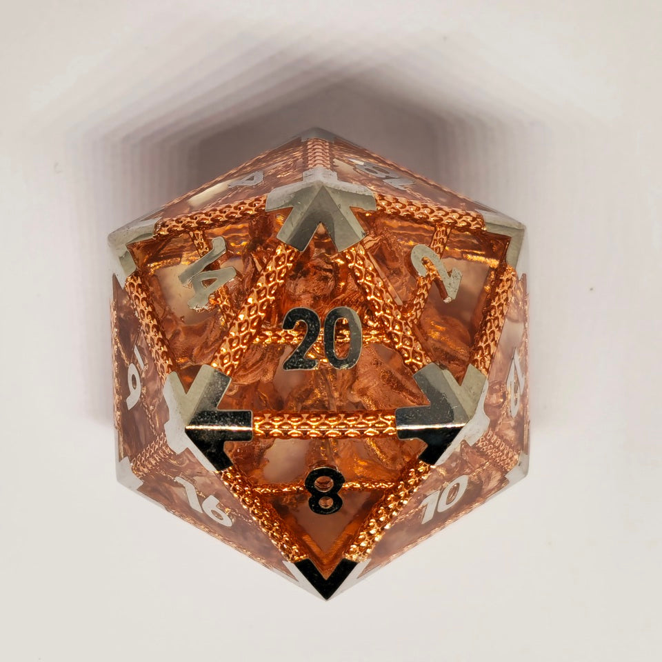 Caged Rose Gold Dragon | Large D20 Chonk | Solid Resin Fill | Metal Frame | Dungeons and Dragons Dice