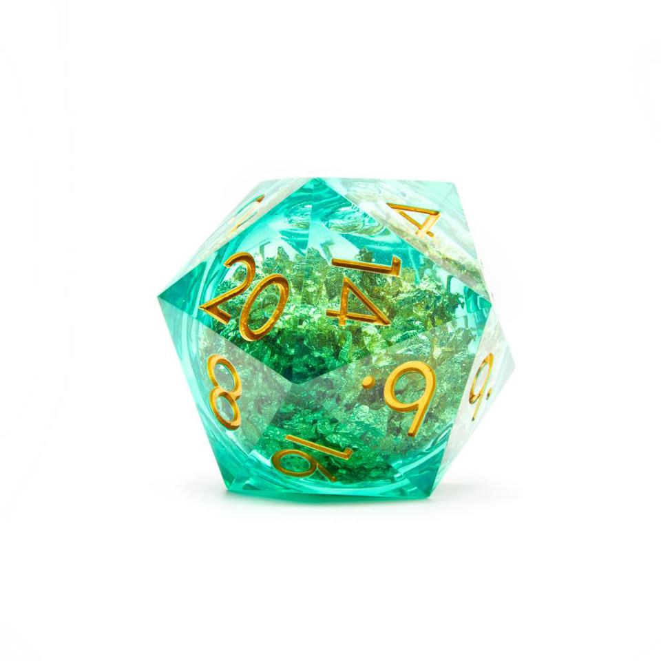 Green with Gold Flakes | Liquid Core Dice | 50mm D20 Chonk