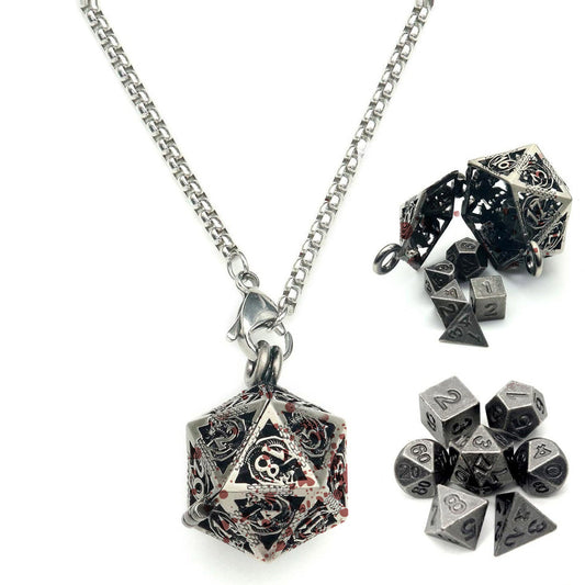 Silver Blood Spatter D20 Pendant with Mini Dice Set