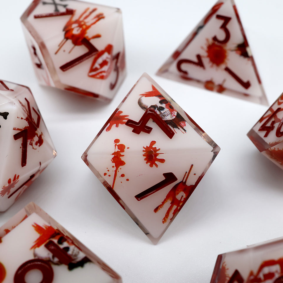 Close up of die in the touch of death ttrpg dice set