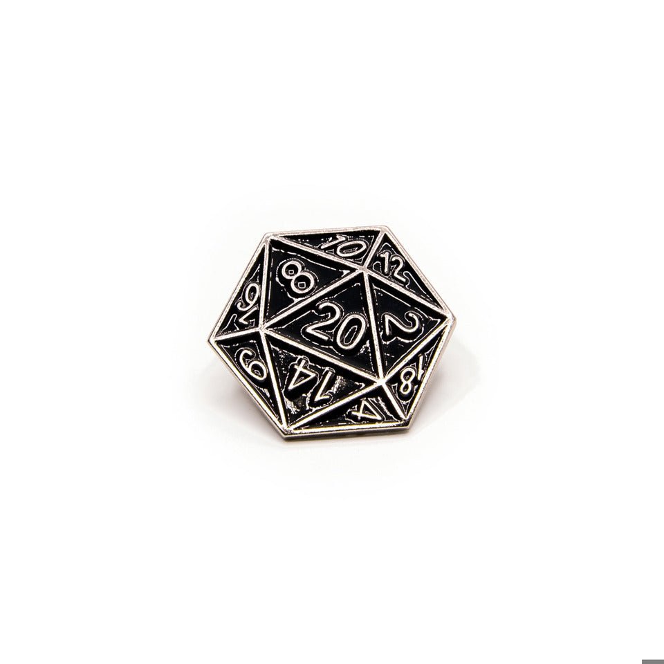 D20 Pin Badge | Black & Silver - Tabletop Dominion