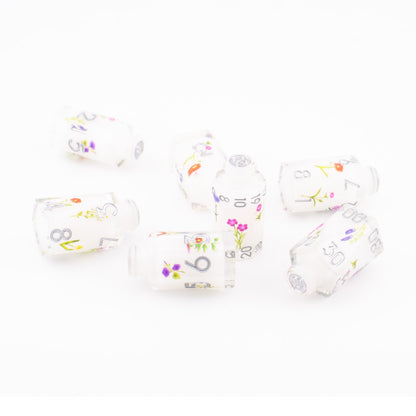 Floral Essence | Potion Bottle Resin Dice | Sharp Edge Dice | 7 Piece Set
