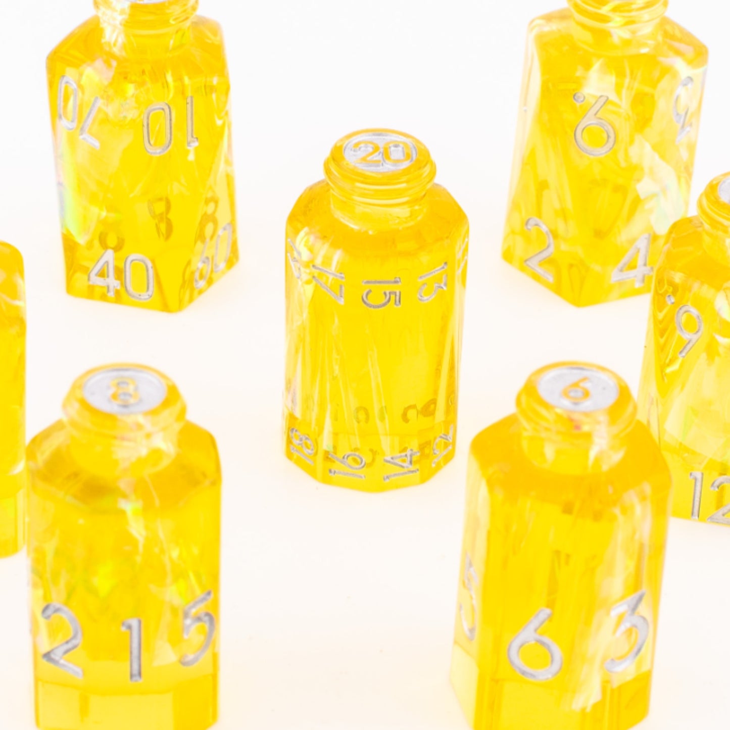 Golden Alchemy | Potion Bottle Resin Dice | Sharp Edge Dice | 7 Piece Set