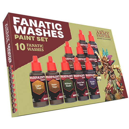 Images of the packaging and included items within the The Army Painter | Warpaints Fanatic Washes Paint Set product