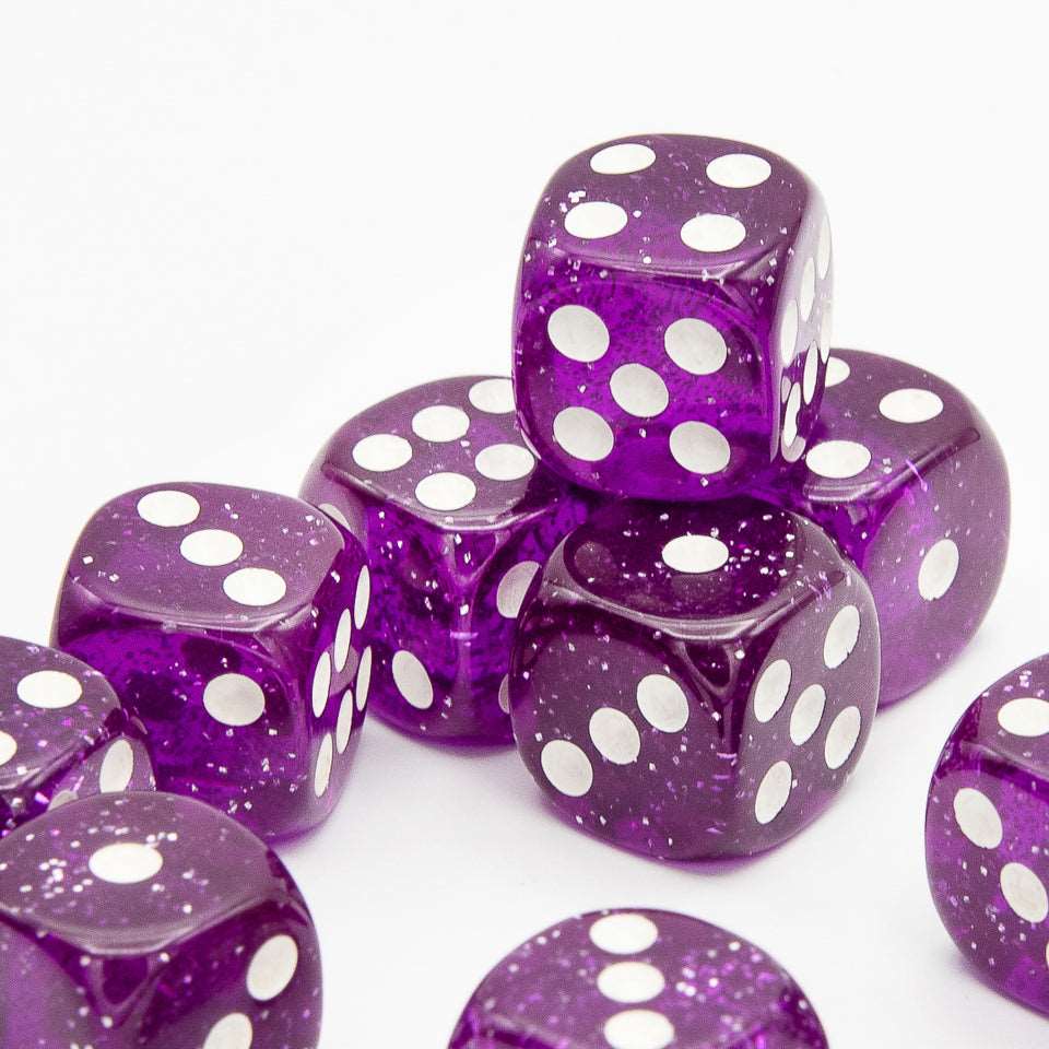 16mm D6 | Transparent Glint Purple | Round Edge | 12 Pack