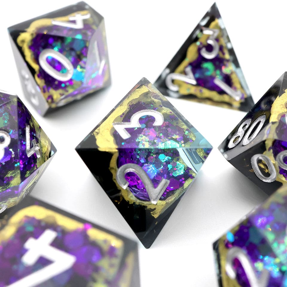Crystalline Sapphire | Geode Dice | Sharp Edge Resin | 7 Piece Set